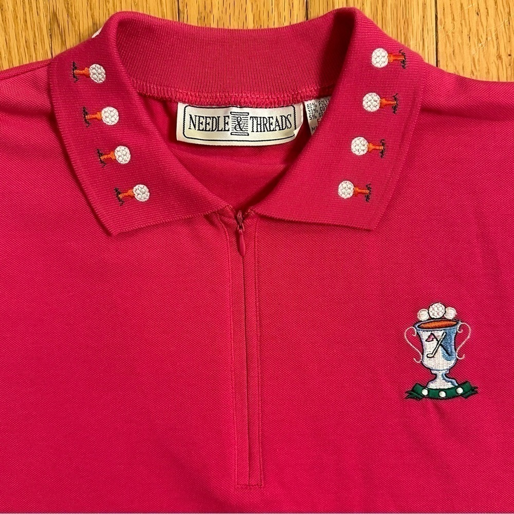 VTG Needle & Threads Golf Polo Shirt Wmns Pink Embroidered Tees Trophy XL Rare